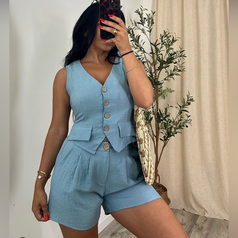 Dusty Blue Vest 2 piece shorts